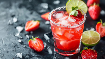 A strawberry margarita cocktail with salt rim and fresh lime garnishの素材