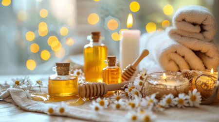 A spa scene with honey, candles, and essential oils, representing the use of honey in natural beauty treatmentsの素材