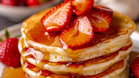 A stack of fluffy pancakes topped with sliced strawberries and maple syrupの素材