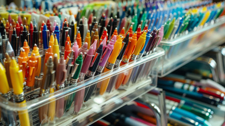 A stationary store display with rows of pens in various colors and styles, inviting customers to explore writing optionsの素材