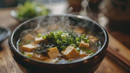A steaming bowl of miso soup with tofu, seaweed, and green onions, served in a Japanese restaurantの素材