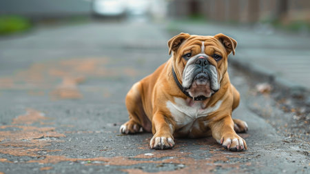 A stubborn bulldog refusing to walk, sitting stubbornly on a sidewalk during a walkの素材
