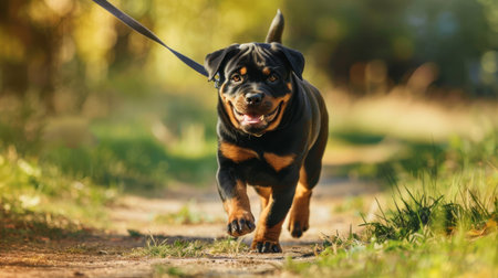 A strong-willed rottweiler pulling on a leash during a walk, demonstrating its stubbornnessの素材