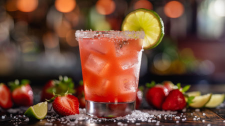 A strawberry margarita cocktail with salt rim and fresh lime garnishの素材