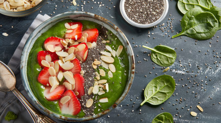 A strawberry and spinach smoothie bowl topped with chia seeds and sliced almondsの素材