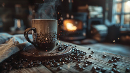 A steaming cup of freshly brewed coffee on a rustic wooden table, surrounded by coffee beans and a cozy atmosphereの素材