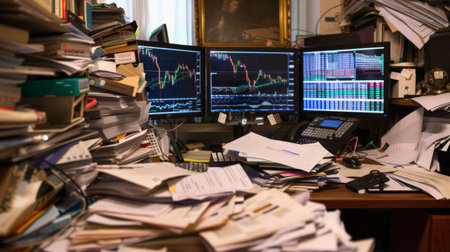 A trader's desk cluttered with paperwork and multiple monitors displaying stock market graphsの素材
