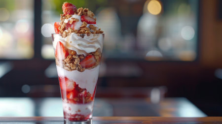 A strawberry parfait with layers of yogurt, granola, and fresh fruit, served in a tall glassの素材