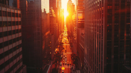 A sunset view of skyscrapers casting long shadows on city streets, creating a dramatic urban sceneの素材