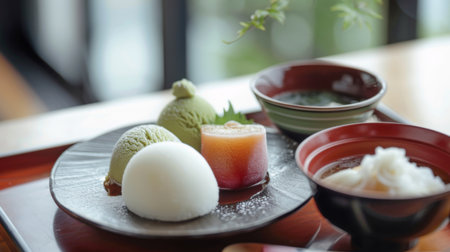 A traditional Japanese dessert set with mochi, dorayaki, and green tea ice creamの素材