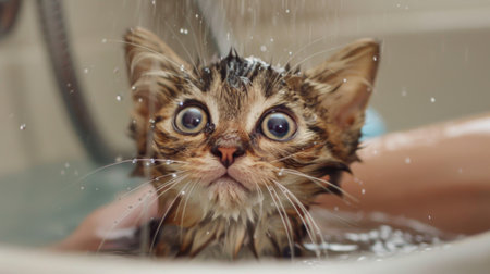 A tabby kitten getting a bath from its owner, looking adorable with wet fur and big eyesの素材