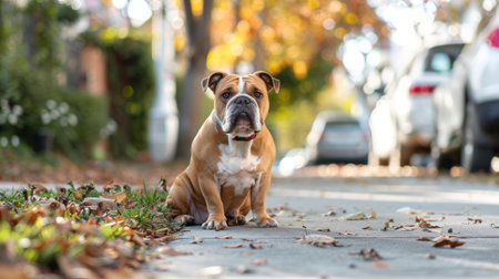 A stubborn bulldog refusing to walk, sitting stubbornly on a sidewalk during a walkの素材