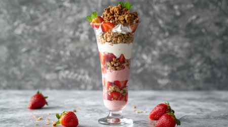 A strawberry parfait with layers of yogurt, granola, and fresh fruit, served in a tall glassの素材