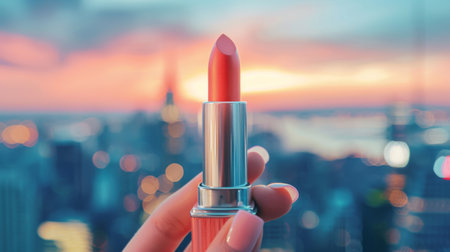 A woman's hand holding a lipstick with the cap off, ready to apply, against a blurred cityscape background, representing beauty on the goの素材