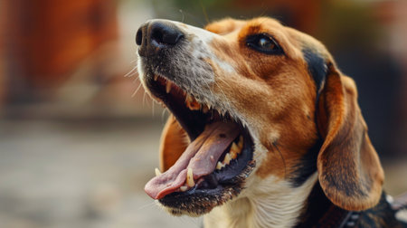 A stubborn beagle howling loudly, demanding attention from its ownerの素材