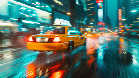 A taxi cab driving through a rainy city street with blurred car lightsの素材