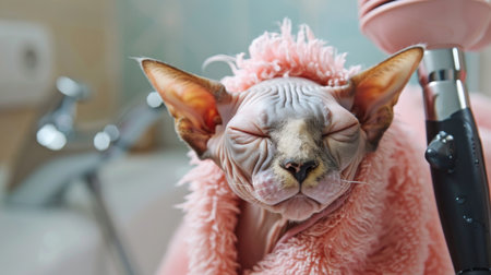 A wet Sphynx cat being dried with a hairdryer after a bath, looking warm and cozyの素材