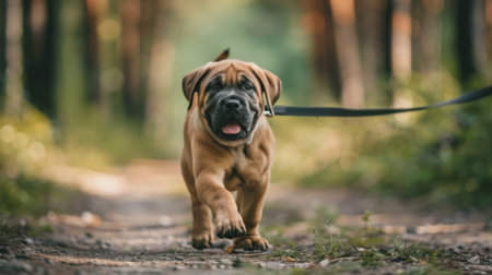 A strong-willed mastiff puppy pulling on a leash, exploring the outdoors with enthusiasmの素材