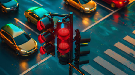 A traffic light changing from red to green with cars waiting at an intersectionの素材