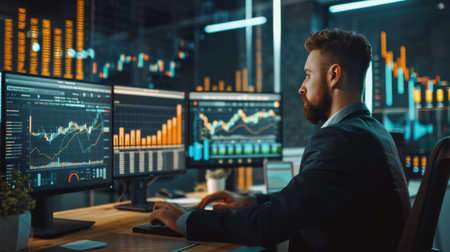 A trader analyzing gold price graphs and economic indicators in a modern office settingの素材