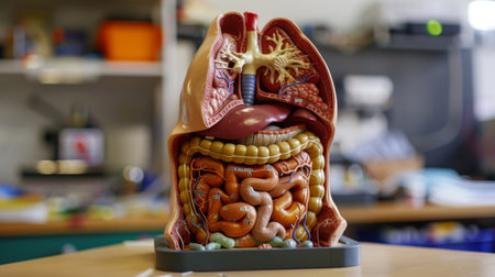 An anatomical model of the digestive system with labeled organs, used for educational purposesの素材