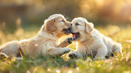 Adorable golden retriever puppies playing together in a grassy field under sunlightの素材
