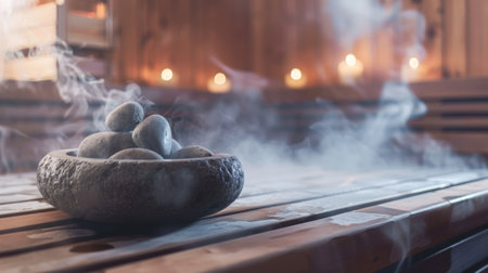 A traditional steam sauna with steam rising from hot stones, promoting health and relaxationの素材