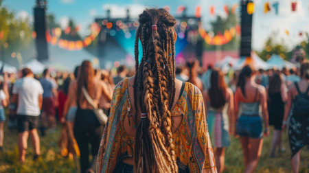 A woman with long bohemian braids, walking through a festival crowdの素材