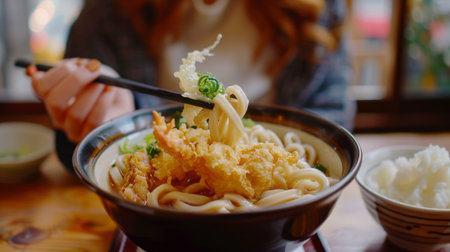A woman enjoying a bowl of udon noodles with tempura, sitting at a traditional Japanese dining tableの素材