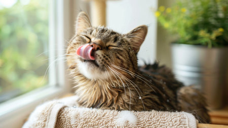A wet tabby cat grooming itself with its tongue after a bath, sitting on a towelの素材