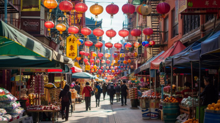 A vibrant Chinatown street market with colorful lanterns and street vendorsの素材