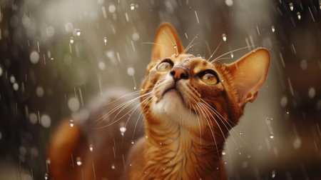 An Abyssinian cat with water droplets on its fur after a bath, looking curious and alertの素材