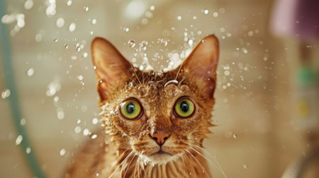 An Abyssinian cat with water droplets on its fur after a bath, looking curious and alertの素材