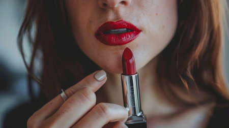 A woman holding a lipstick near her face, ready to apply, with a focus on the lipstick and her expressionの素材