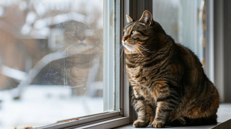 An overweight cat sitting regally on a windowsill, gazing outside with curiosity and dignityの素材