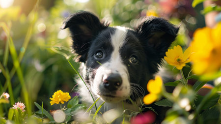 Curious Border Collie puppy exploring a garden, sniffing flowers with curiosityの素材