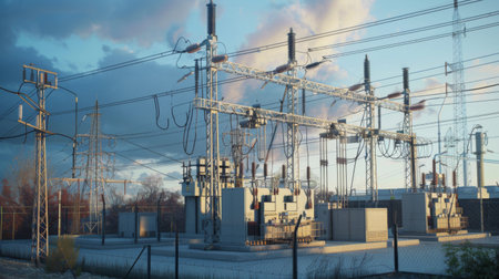 An electric substation with transformers and high-voltage equipment, critical for distributing power from the plantの素材