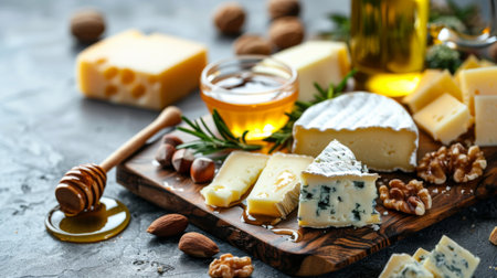 An elegant cheese board with various cheeses, nuts, and a small pot of honey, highlighting the gourmet use of honeyの素材