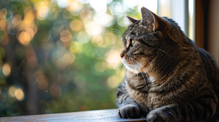 An overweight cat sitting regally on a windowsill, gazing outside with curiosity and dignityの素材
