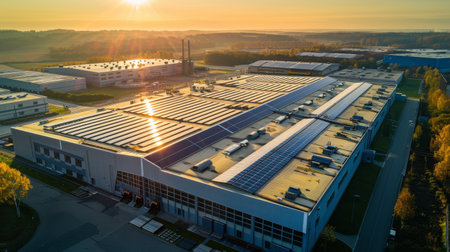 An industrial plant with solar panels on the roof, showcasing sustainable energy productionの素材