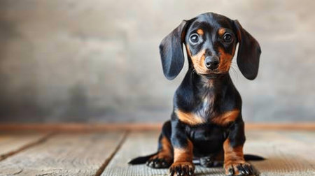 Cute Dachshund puppy sitting obediently on a wooden floor, ears perked upの素材