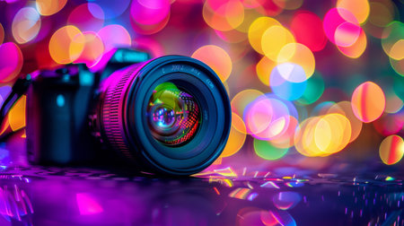 Close-up of a digital SLR camera lens with colorful bokeh lights in the backgroundの素材