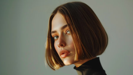Close-up of a woman with a chic bob haircut, posing confidently against a plain backgroundの素材
