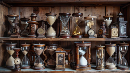 Hourglasses of different sizes and designs on a shelf, ancient timekeeping toolsの素材