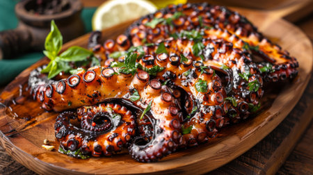 Freshly grilled octopus tentacles on a wooden plate, garnished with herbs and lemonの素材