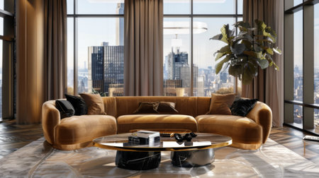 Plush velvet sofa in a luxurious penthouse living room, with skyline viewの素材