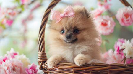 Fluffy Pomeranian puppy with a pink bow sitting in a decorated basketの素材