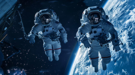 Astronauts in space suits performing a spacewalk outside the International Space Stationの素材