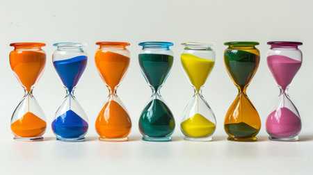 Hourglasses in a row, each with different colored sand, time management and diversityの素材