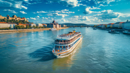River cruise boat sailing past historic landmarks and scenic waterfrontsの素材